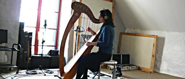 Captation son de la harpe de Jo Van Bouwel au Tyanpark Studio d'enregistrement
